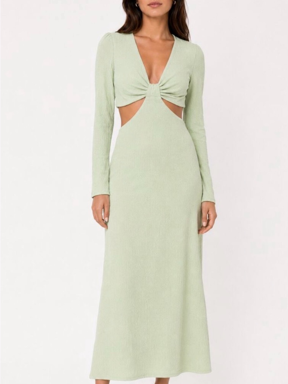 FOURTEENTH Place Dress Sol Side Cutout Long Sleeve Midi Dress - Pistachio